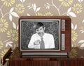 Retro tv presenter mustache man wood television Royalty Free Stock Photo