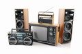 Retro TV, radio, tape recorder and loudspeakers. Old electronics devices. 3d Royalty Free Stock Photo