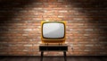 Retro TV receiver with green screen standing on a table, brick wall in background - 3D 4k animation