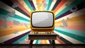 Retro TV receiver with green screen standing on a table, colorful burst wallpaper in background - 3D 4k animation