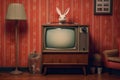 A retro TV set with rabbit ears, focusing on the grainy screen and the aesthetic of old technology Royalty Free Stock Photo