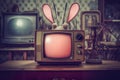 A retro TV set with rabbit ears, focusing on the grainy screen and the aesthetic of old technology Royalty Free Stock Photo