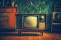 A retro TV set with rabbit ears, focusing on the grainy screen and the aesthetic of old technology Royalty Free Stock Photo