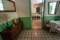 Retro tv-set and vintage floor inside old restaurant with old style interior