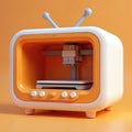 Retro TV style 3D printer icon. Cute orange and white device with antennas. Mini fab lab machine for creating objects. Modern Royalty Free Stock Photo