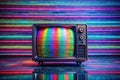 Retro TV, vibrant colors, neon wall, digital art, 3D render Royalty Free Stock Photo