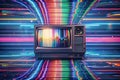 Retro TV in vibrant neon tunnel Royalty Free Stock Photo