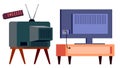 Retro Tv Vs Modern HD Plasma Vector. Backside. lcd panel And Vintage Old Analog Display Screen. Isolated Cartoon