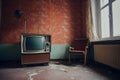 Retro tv on wooden stand in abandoned apartment with old wallpaper