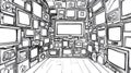 Vintage And Modern Screens Adorning Walls, Black And White Line Art Royalty Free Stock Photo
