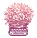 Retro typewriter with flowers. Vintage technique with wildflowers. Hand drawn vector illustration Royalty Free Stock Photo