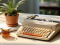 Retro typewriter on the table extreme closeup. Generative AI Royalty Free Stock Photo