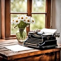 Retro Typewriter On Wood Desk With Daises Royalty Free Stock Photo