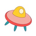 1970 retro UFO icon. Alien space ship vintage sticker. Futuristic trippy unknown flying object. Funny hippie cartoon