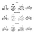 Retro, unicycle and other kinds.Different bicycles set collection icons in black,monochrome,outline style vector symbol Royalty Free Stock Photo