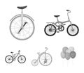 Retro, unicycle and other kinds.Different bicycles set collection icons in monochrome style vector symbol stock Royalty Free Stock Photo