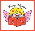 Retro Valentine Bookish Cupid Reading Book Whimsical Bold Lined Hand Drawn Royalty Free Stock Photo