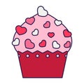 Retro Valentine Day icon cupcake with hearts. Love symbol in the fashionable pop line art style. The cute muffin is in Royalty Free Stock Photo