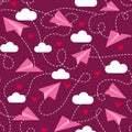 Retro Valentine`s love paper planes burgundy pattern