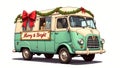 Vintage Christmas van decorated with garlands and red bows. Royalty Free Stock Photo