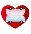 Retro vans - holiday love of two campers in pink an blue on red shaped heart -isolated illustration