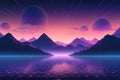 Retro Vaporwave Landscape Background: Sunset Over Mountains and Palm Trees