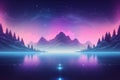 Retro Vaporwave Landscape Background: Sunset Over Mountains and Palm Trees