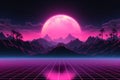 Retro Vaporwave Landscape Background: Sunset Over Mountains and Palm Trees