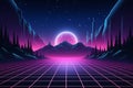 Retro Vaporwave Landscape Background: Sunset Over Mountains and Palm Trees
