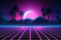 Retro Vaporwave Landscape Background: Sunset Over Mountains and Palm Trees