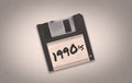 A retro vaporwave 1990`s themed old black aged floppy disk illustration background with copy space