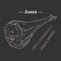 Retro vector illustration of hamon meat. Hand drawn jamon, knife and fork. Raw food ingredients. Vintage sketch. Can be used for
