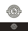 Retro vector stamp, circle logo template, black line art monogram. Fast food restaurant, cafe, bar logotype. Royalty Free Stock Photo