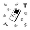 Retro game console hand drawn. Retro vibe doodle. Kids tetris portable console. Computer retro, arcade play concept