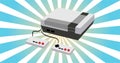 Retro video game console old vintage hipster for geeks from 70s, 80s, 90s on blue rays background Royalty Free Stock Photo