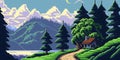 Retro video game scene with pixelated house in the middle of the forest Royalty Free Stock Photo