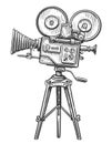 Retro video movie camera on tripod in engraving style. TV, cinema, projector sketch illustration