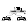 Retro videogame console and gamepads in black and white