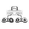 Retro videogame console and gamepads in black and white