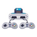 Retro videogame console and gamepads blue lines