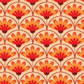 Retro Vintage abstract flowers on geometric scallop scales seamless pattern in orange, amber and red Royalty Free Stock Photo