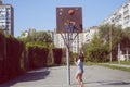 Retro Vintage Basketball Game. Girl on a basketball court. Royalty Free Stock Photo