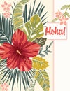 Retro Vintage Bold Colorful Tropical Exotic Foliage, Hibiscus Floral Vector Gift Greeting Card. Aloha. Summertime.