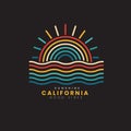 Retro vintage California sunset beach logo badges on black background graphics for t-shirts and other print production. 70s-style