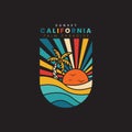 Retro vintage California sunset beach logo badges on black background graphics for t-shirts and other print production. 70s-style