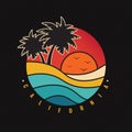 Retro vintage California sunset beach logo badges on black background graphics for t-shirts and other print production. Vector