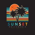 Retro vintage California sunset logo badges on black background graphics for t-shirts and other print production. Vector
