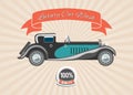 Retro vintage car with banner and badge on retro stripped vector background. Retro cars and automobiles wash poster. Royalty Free Stock Photo