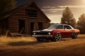 Retro vintage car at wooden old rustic house building. Generative AI Royalty Free Stock Photo