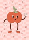 Retro vintage cartoon character apple. Groovy Funny mascot. Vector illustration. Vertical poster with cute fruit.